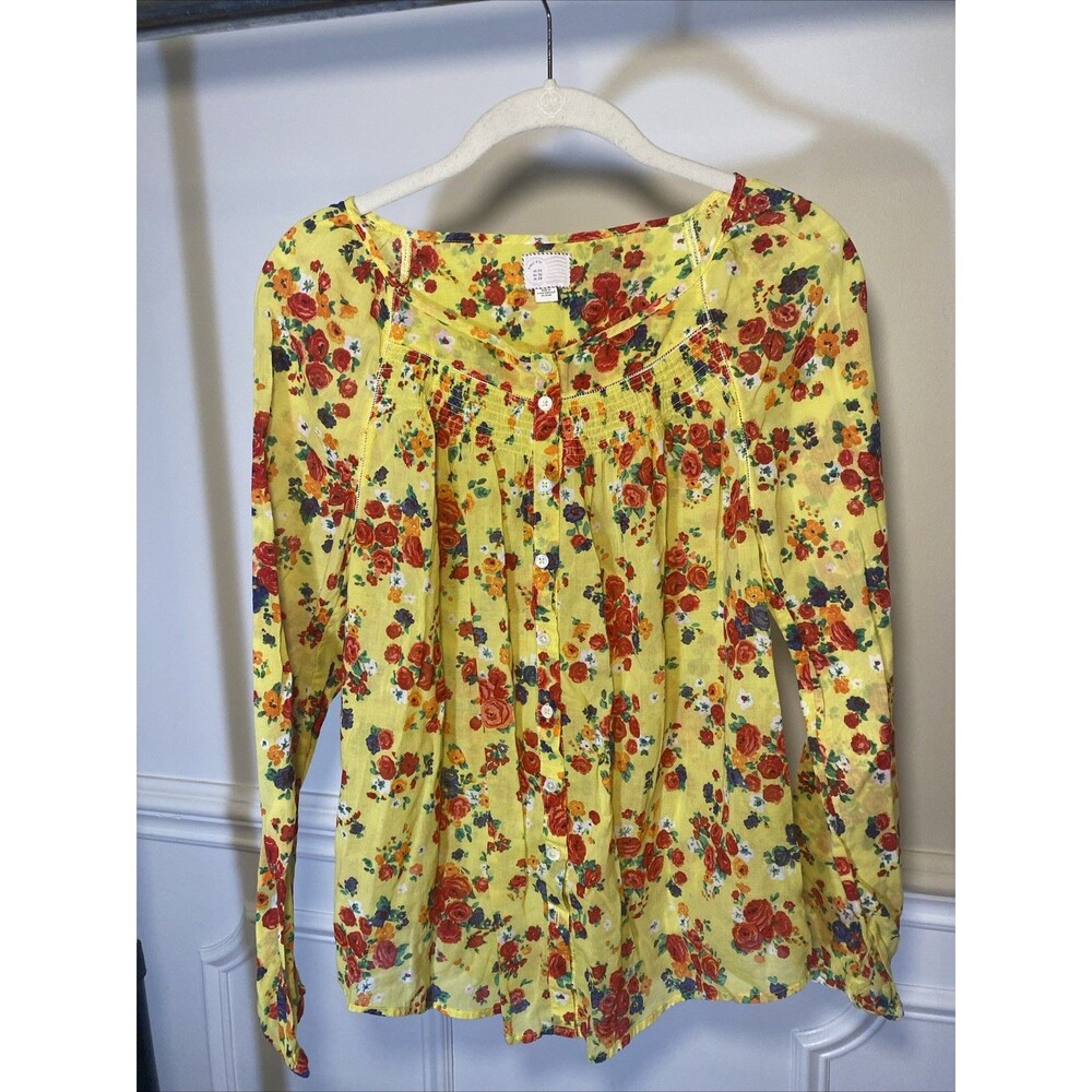 Anthropologie Postmark Yellow Floral Festival Boho Peasant  Cotton Blouse Sz 4